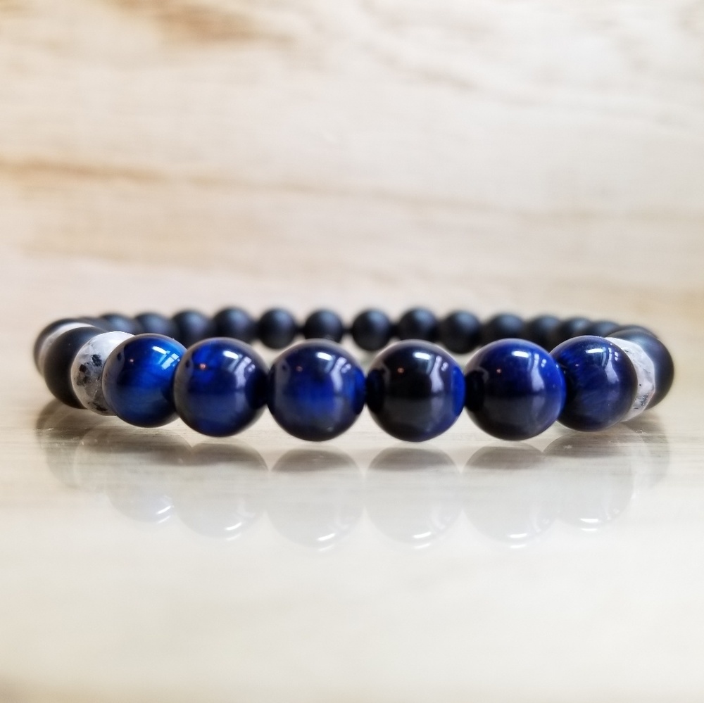 Blue Tiger Eye & Black Onyx Beaded Bracelet